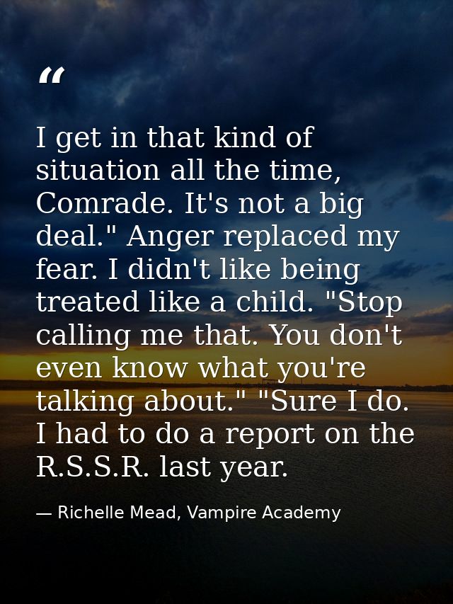 I get in that kind of situation all the time, Comrade. It's not a big deal." Anger replaced my fear. I didn't like being — Richelle Mead, Vampire Academy