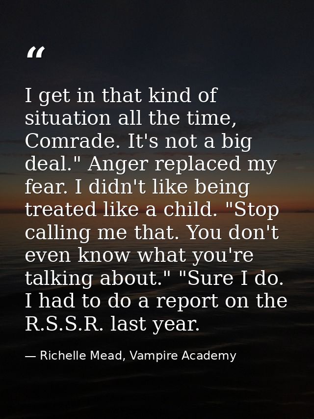 I get in that kind of situation all the time, Comrade. It's not a big deal." Anger replaced my fear. I didn't like being — Richelle Mead, Vampire Academy