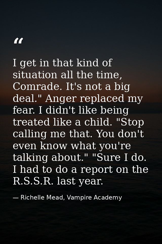I get in that kind of situation all the time, Comrade. It's not a big deal." Anger replaced my fear. I didn't like being — Richelle Mead, Vampire Academy