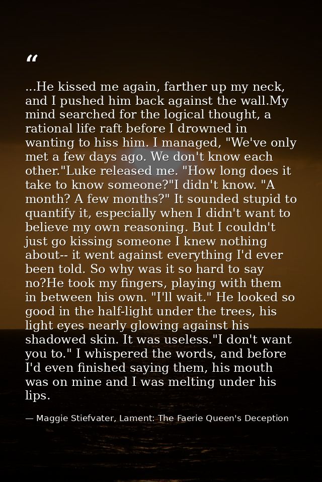 ...He kissed me again, farther up my neck, and I pushed him back against the wall.My mind searched for the logical thoug — Maggie Stiefvater, Lament: The Faerie Queen's Deception