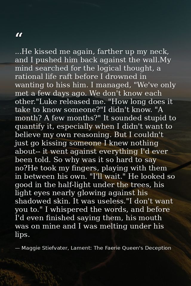 ...He kissed me again, farther up my neck, and I pushed him back against the wall.My mind searched for the logical thoug — Maggie Stiefvater, Lament: The Faerie Queen's Deception