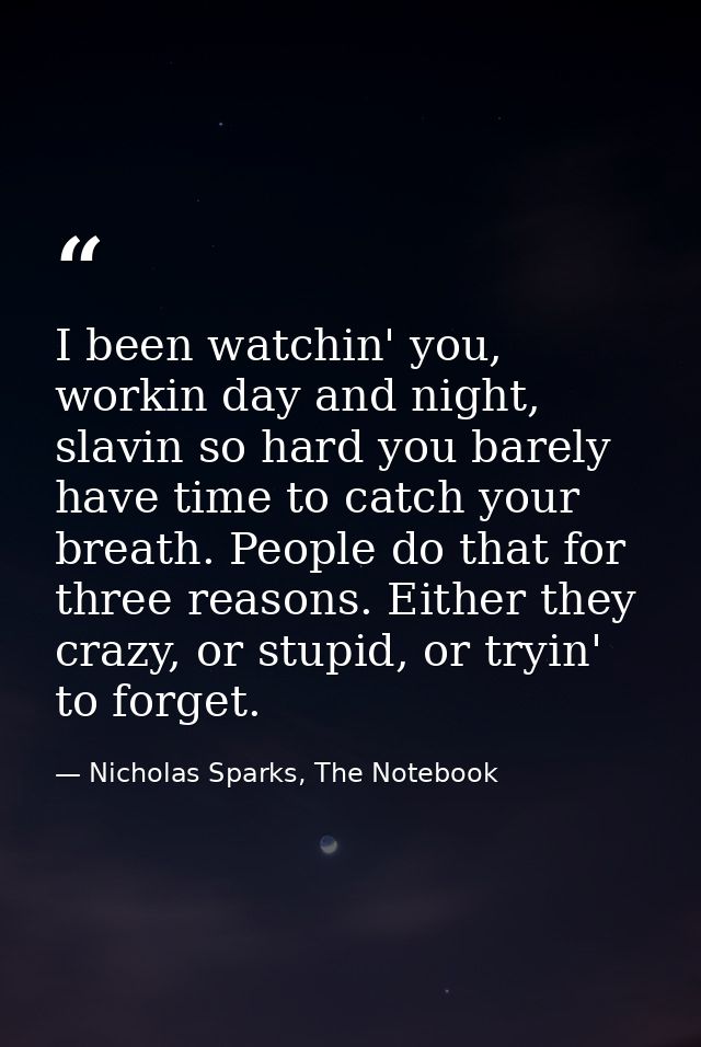 I been watchin' you, workin day and night, slavin so hard you barely have time to catch your breath. People do that for  — Nicholas Sparks, The Notebook