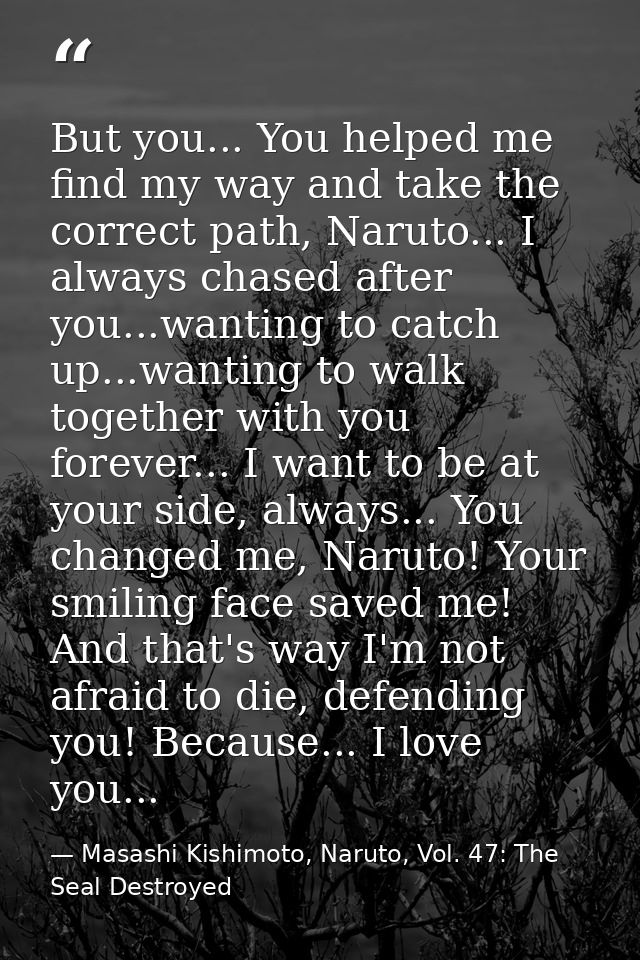 But you... You helped me find my way and take the correct path, Naruto... I always chased after you...wanting to catch u — Masashi Kishimoto, Naruto, Vol. 47: The Seal Destroyed