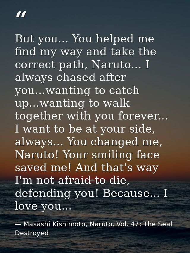 But you... You helped me find my way and take the correct path, Naruto... I always chased after you...wanting to catch u — Masashi Kishimoto, Naruto, Vol. 47: The Seal Destroyed