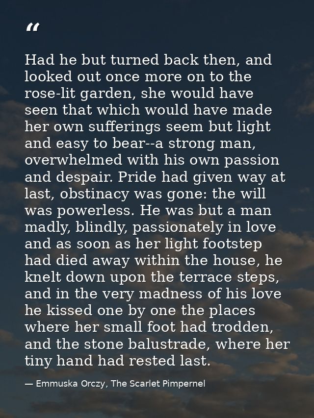 Had he but turned back then, and looked out once more on to the rose-lit garden, she would have seen that which would ha — Emmuska Orczy, The Scarlet Pimpernel