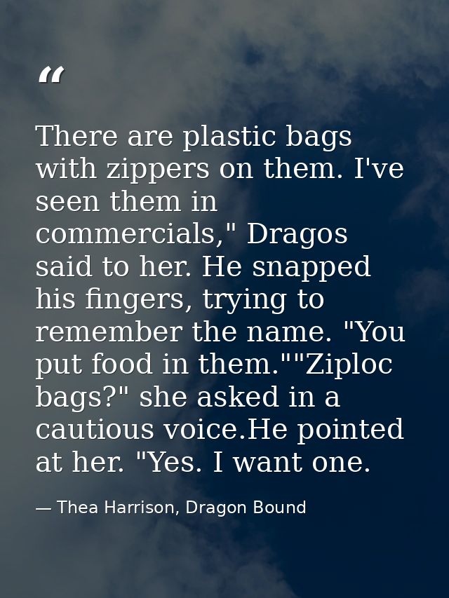 There are plastic bags with zippers on them. I've seen them in commercials," Dragos said to her. He snapped his fingers, — Thea Harrison, Dragon Bound