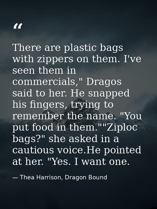 There are plastic bags with zippers on them. I've seen them in commercials," Dragos said to her. He snapped his fingers, — Thea Harrison, Dragon Bound