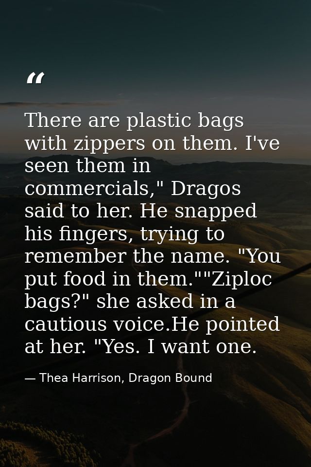 There are plastic bags with zippers on them. I've seen them in commercials," Dragos said to her. He snapped his fingers, — Thea Harrison, Dragon Bound