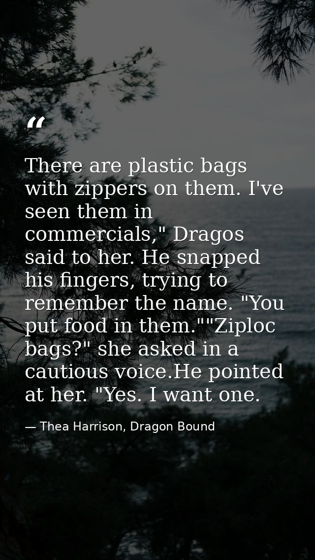 There are plastic bags with zippers on them. I've seen them in commercials," Dragos said to her. He snapped his fingers, — Thea Harrison, Dragon Bound