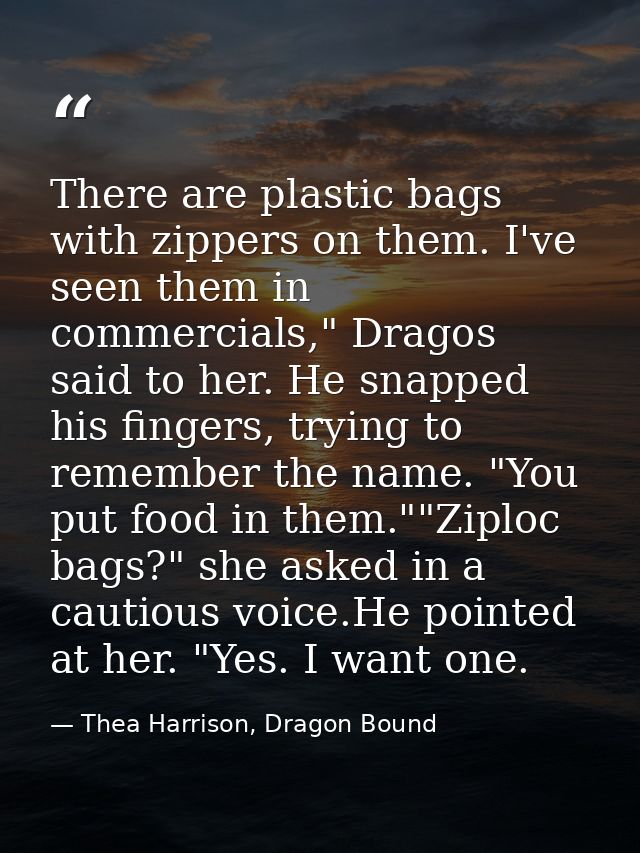 There are plastic bags with zippers on them. I've seen them in commercials," Dragos said to her. He snapped his fingers, — Thea Harrison, Dragon Bound