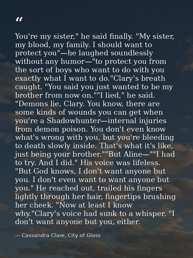 You're my sister," he said finally. "My sister, my blood, my family. I should want to protect you"—he laughed soundlessl — Cassandra Clare, City of Glass