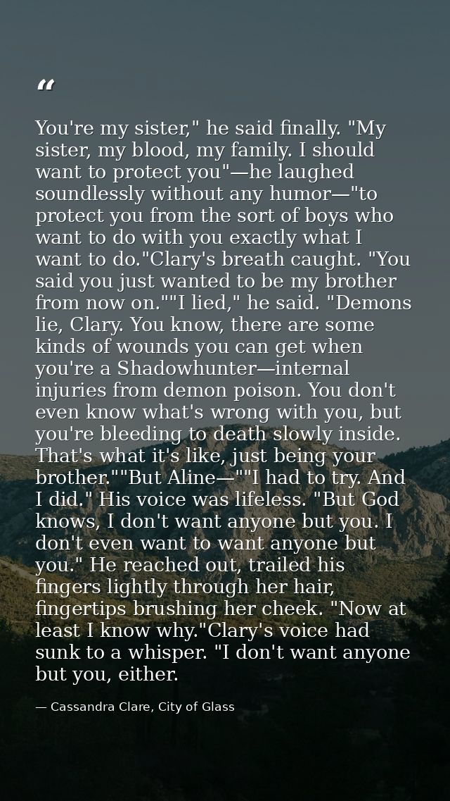 You're my sister," he said finally. "My sister, my blood, my family. I should want to protect you"—he laughed soundlessl — Cassandra Clare, City of Glass