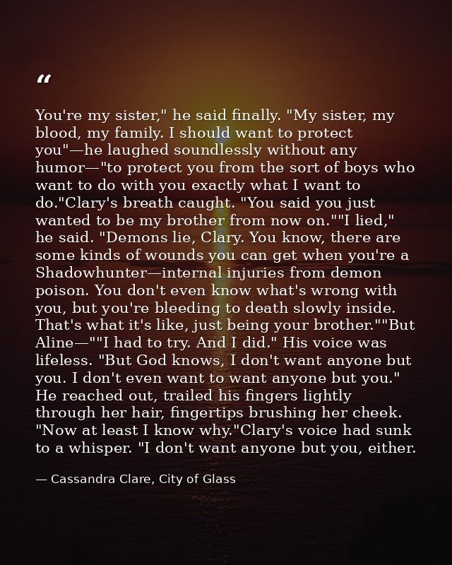 You're my sister," he said finally. "My sister, my blood, my family. I should want to protect you"—he laughed soundlessl — Cassandra Clare, City of Glass