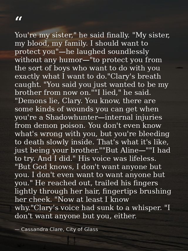 You're my sister," he said finally. "My sister, my blood, my family. I should want to protect you"—he laughed soundlessl — Cassandra Clare, City of Glass