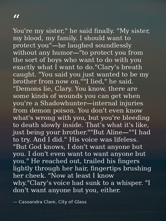 You're my sister," he said finally. "My sister, my blood, my family. I should want to protect you"—he laughed soundlessl — Cassandra Clare, City of Glass