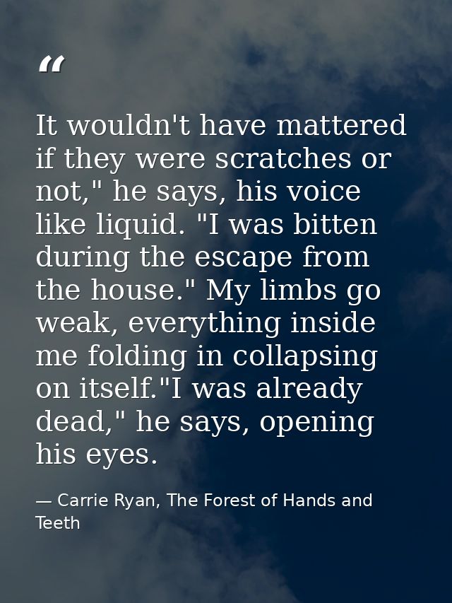 It wouldn't have mattered if they were scratches or not," he says, his voice like liquid. "I was bitten during the escap — Carrie Ryan, The Forest of Hands and Teeth