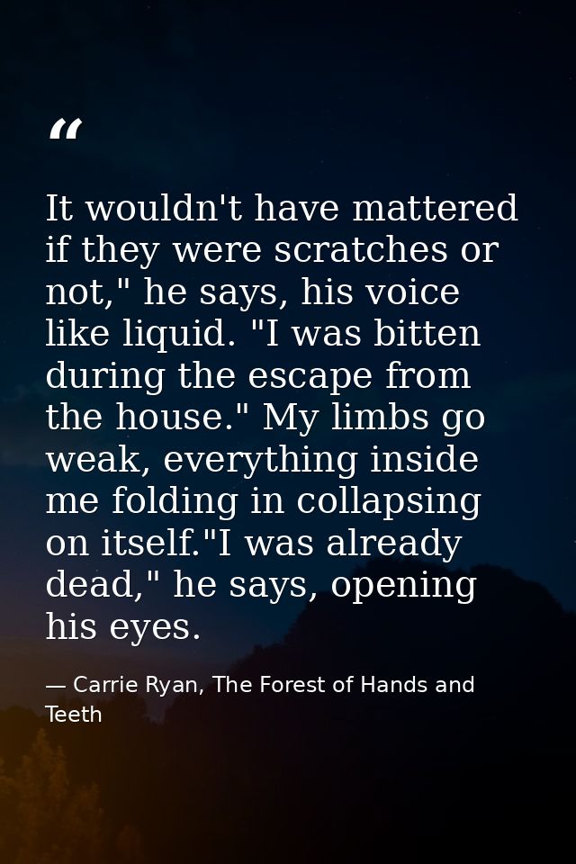 It wouldn't have mattered if they were scratches or not," he says, his voice like liquid. "I was bitten during the escap — Carrie Ryan, The Forest of Hands and Teeth