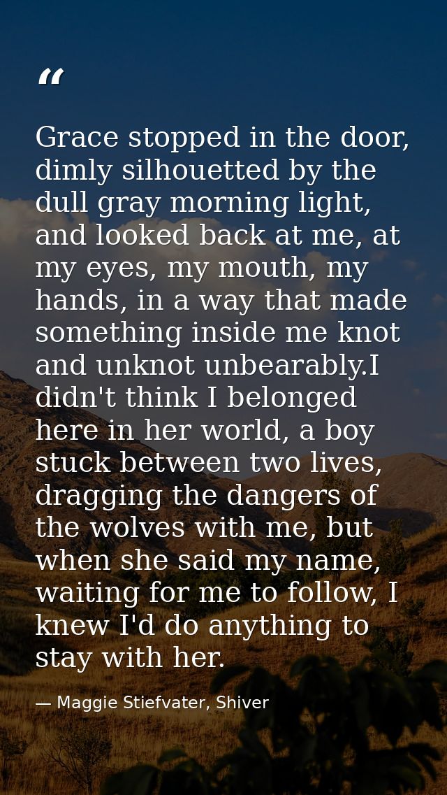 Grace stopped in the door, dimly silhouetted by the dull gray morning light, and looked back at me, at my eyes, my mouth — Maggie Stiefvater, Shiver