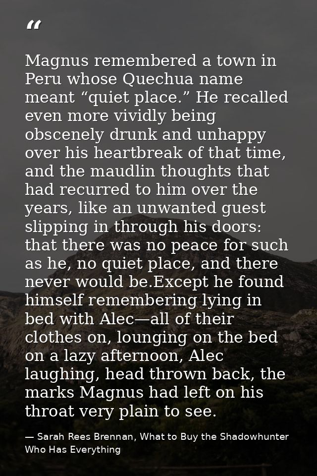 Magnus remembered a town in Peru whose Quechua name meant “quiet place.” He recalled even more vividly being obscenely d — Sarah Rees Brennan, What to Buy the Shadowhunter Who Has Everything