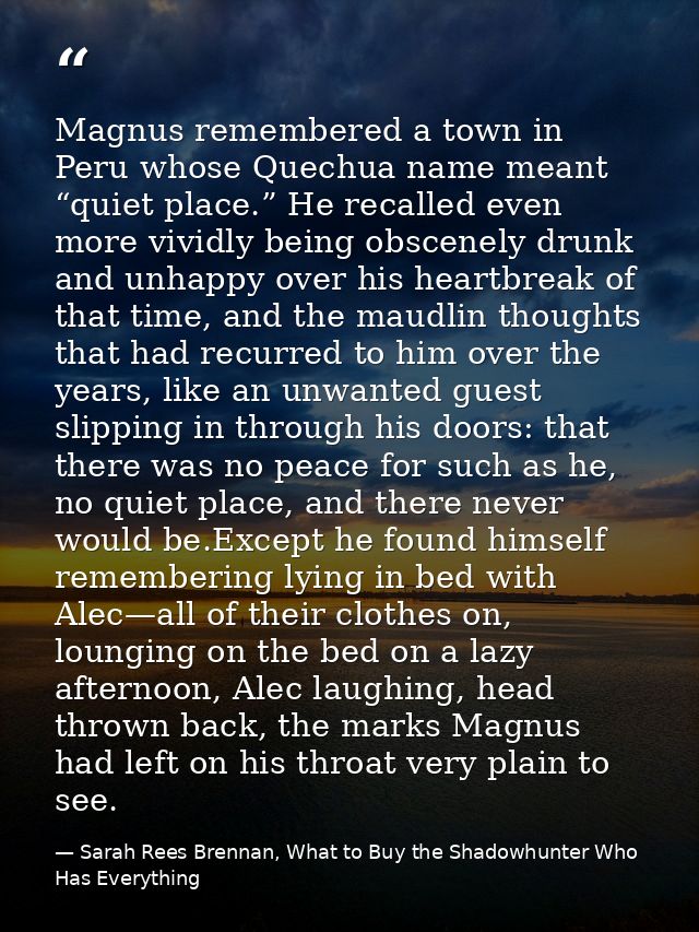 Magnus remembered a town in Peru whose Quechua name meant “quiet place.” He recalled even more vividly being obscenely d — Sarah Rees Brennan, What to Buy the Shadowhunter Who Has Everything