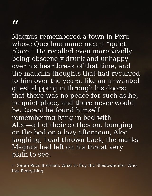 Magnus remembered a town in Peru whose Quechua name meant “quiet place.” He recalled even more vividly being obscenely d — Sarah Rees Brennan, What to Buy the Shadowhunter Who Has Everything
