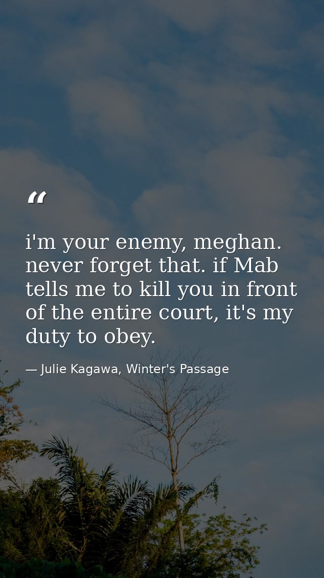 i'm your enemy, meghan. never forget that. if Mab tells me to kill you in front of the entire court, it's my duty to obe — Julie Kagawa, Winter's Passage