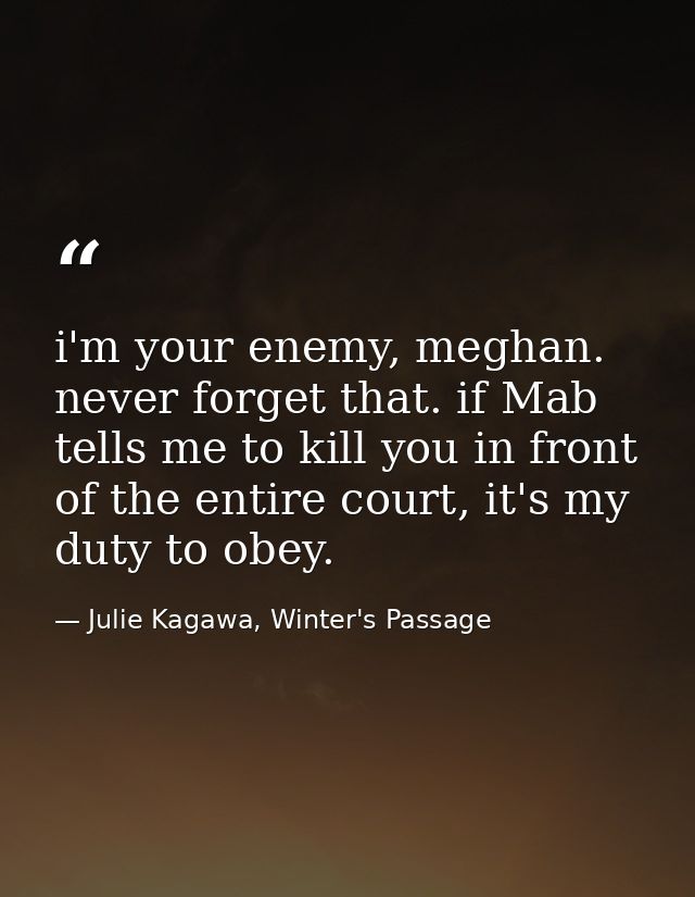 i'm your enemy, meghan. never forget that. if Mab tells me to kill you in front of the entire court, it's my duty to obe — Julie Kagawa, Winter's Passage