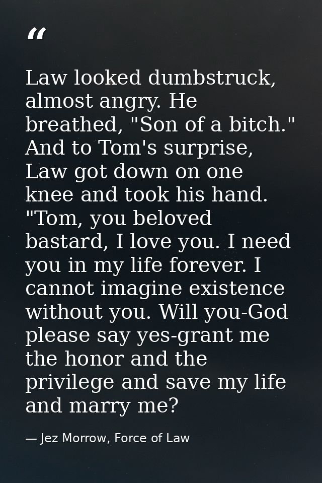 Law looked dumbstruck, almost angry. He breathed, "Son of a bitch." And to Tom's surprise, Law got down on one knee and  — Jez Morrow, Force of Law