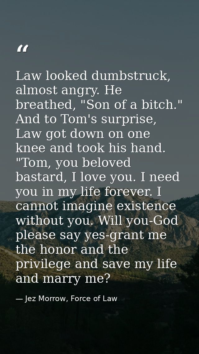 Law looked dumbstruck, almost angry. He breathed, "Son of a bitch." And to Tom's surprise, Law got down on one knee and  — Jez Morrow, Force of Law