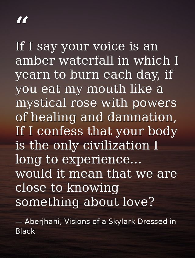 If I say your voice is an amber waterfall in which I yearn to burn each day, if you eat my mouth like a mystical rose wi — Aberjhani, Visions of a Skylark Dressed in Black