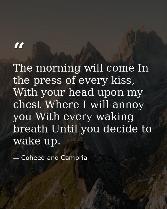 The morning will come In the press of every kiss, With your head upon my chest Where I will annoy you With every waking  — Coheed and Cambria