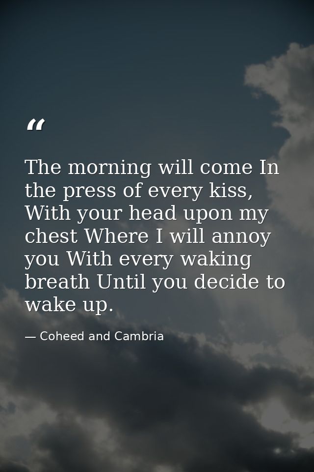 The morning will come In the press of every kiss, With your head upon my chest Where I will annoy you With every waking  — Coheed and Cambria