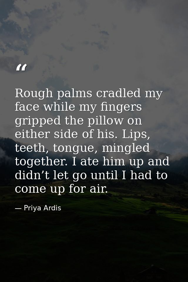 Rough palms cradled my face while my fingers gripped the pillow on either side of his. Lips, teeth, tongue, mingled toge — Priya Ardis