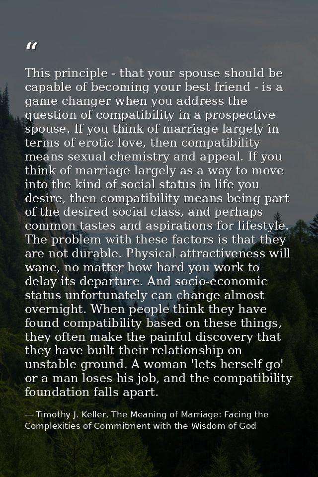This principle - that your spouse should be capable of becoming your best friend - is a game changer when you address th — Timothy J. Keller, The Meaning of Marriage: Facing the Complexities of Commitment with the Wisdom of God