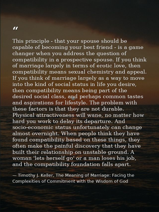 This principle - that your spouse should be capable of becoming your best friend - is a game changer when you address th — Timothy J. Keller, The Meaning of Marriage: Facing the Complexities of Commitment with the Wisdom of God