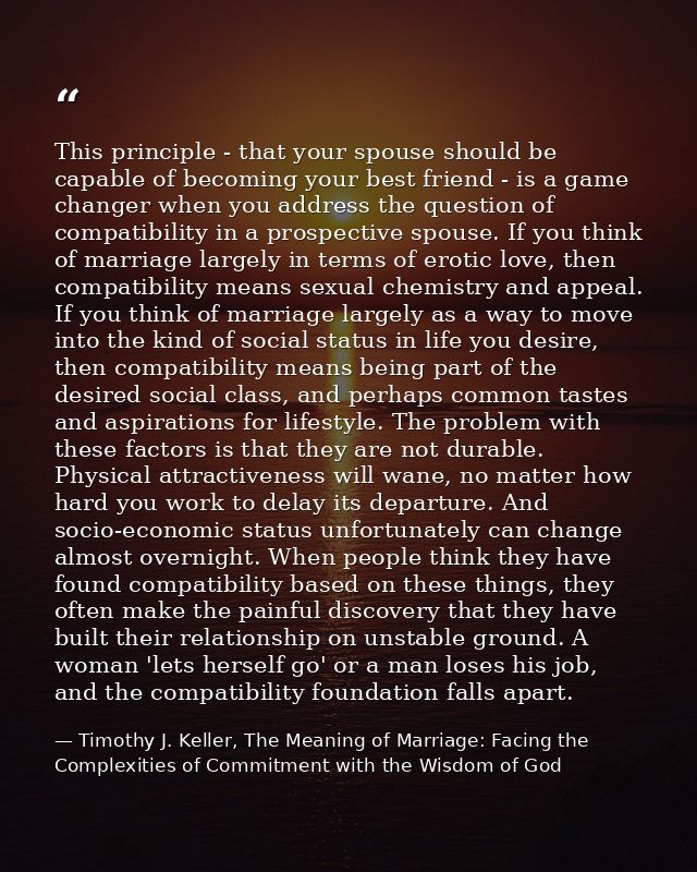 This principle - that your spouse should be capable of becoming your best friend - is a game changer when you address th — Timothy J. Keller, The Meaning of Marriage: Facing the Complexities of Commitment with the Wisdom of God