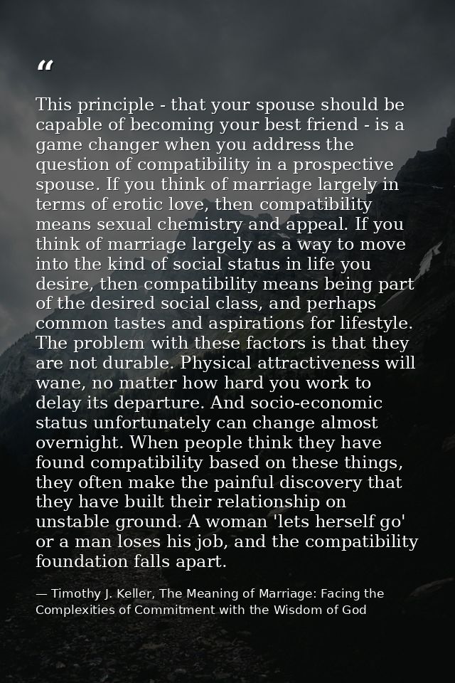 This principle - that your spouse should be capable of becoming your best friend - is a game changer when you address th — Timothy J. Keller, The Meaning of Marriage: Facing the Complexities of Commitment with the Wisdom of God