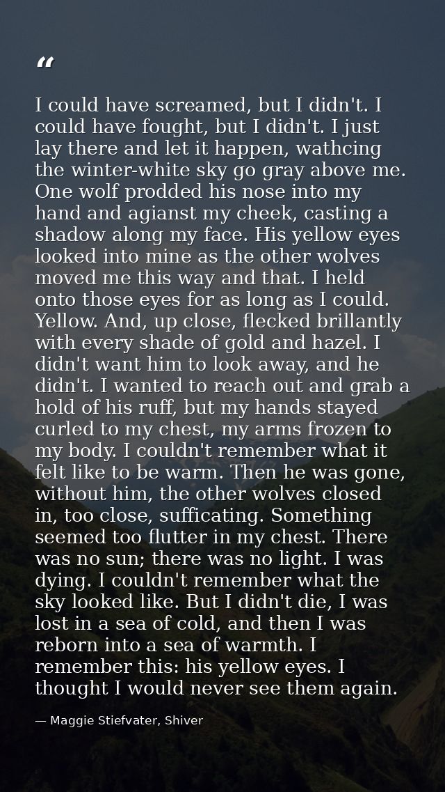 I could have screamed, but I didn't. I could have fought, but I didn't. I just lay there and let it happen, wathcing the — Maggie Stiefvater, Shiver