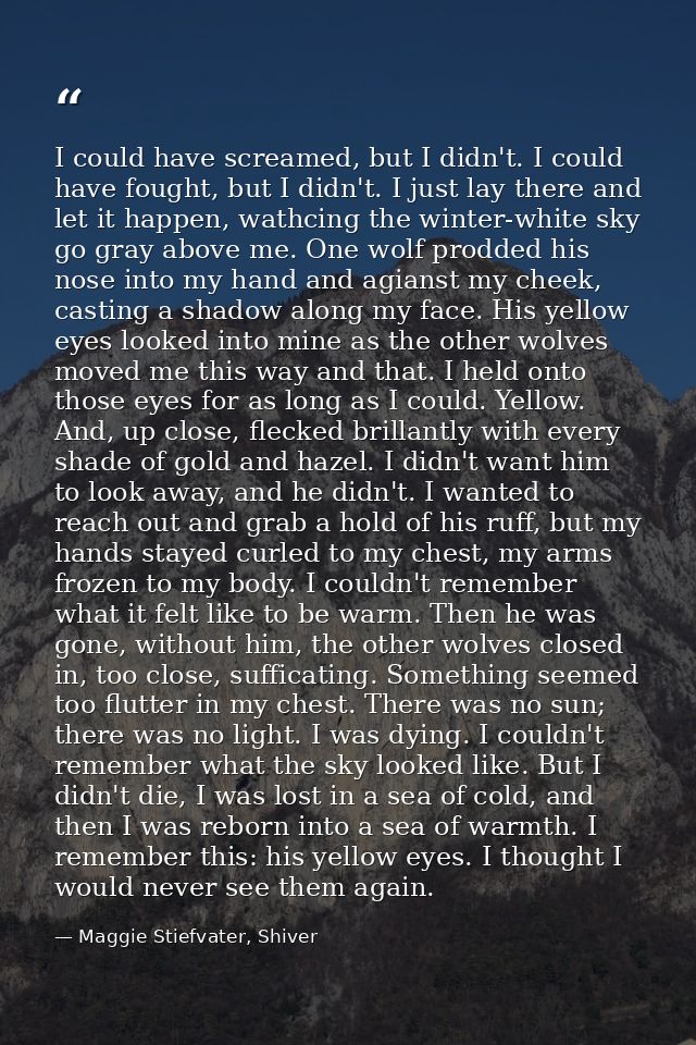 I could have screamed, but I didn't. I could have fought, but I didn't. I just lay there and let it happen, wathcing the — Maggie Stiefvater, Shiver