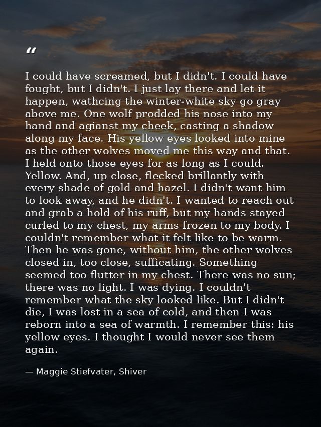 I could have screamed, but I didn't. I could have fought, but I didn't. I just lay there and let it happen, wathcing the — Maggie Stiefvater, Shiver