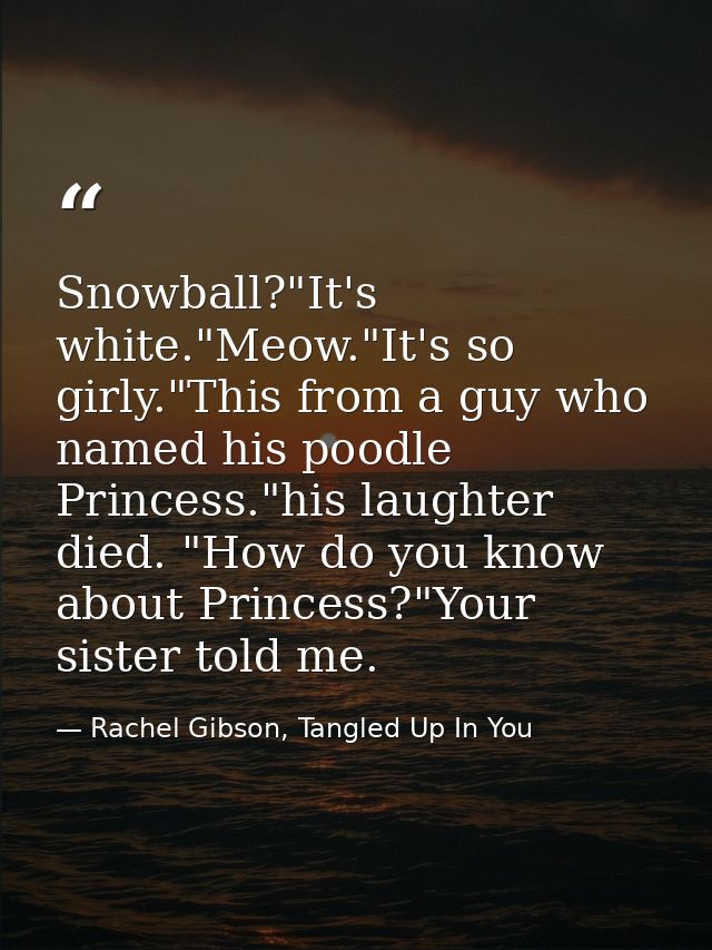 Snowball?"It's white."Meow."It's so girly."This from a guy who named his poodle Princess."his laughter died. "How do you — Rachel Gibson, Tangled Up In You