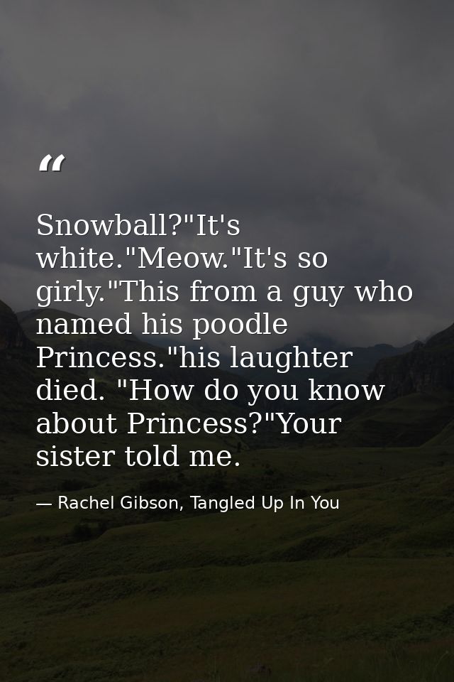 Snowball?"It's white."Meow."It's so girly."This from a guy who named his poodle Princess."his laughter died. "How do you — Rachel Gibson, Tangled Up In You