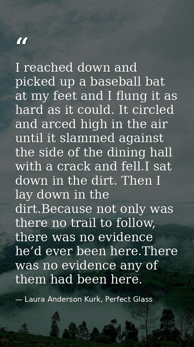 I reached down and picked up a baseball bat at my feet and I flung it as hard as it could. It circled and arced high in  — Laura Anderson Kurk, Perfect Glass