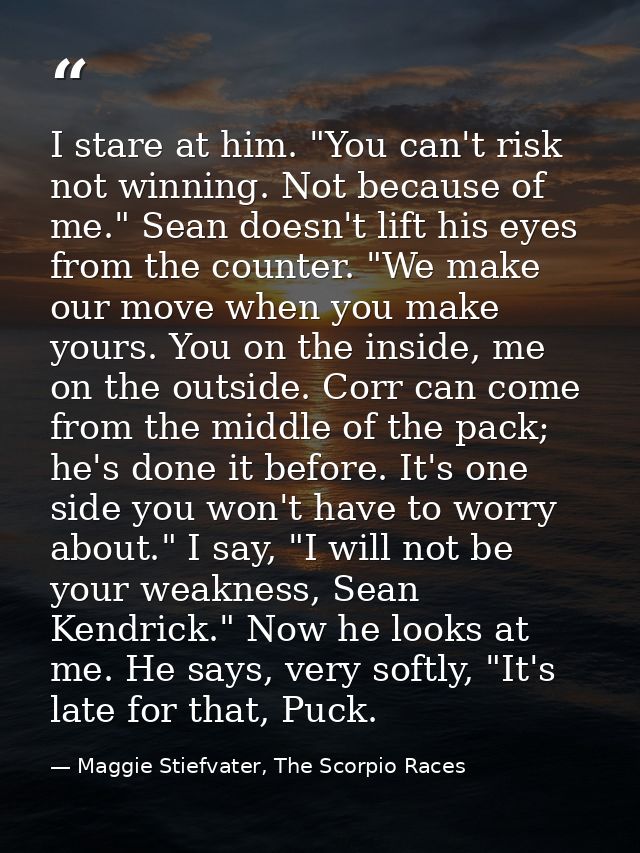 I stare at him. "You can't risk not winning. Not because of me." Sean doesn't lift his eyes from the counter. "We make o — Maggie Stiefvater, The Scorpio Races