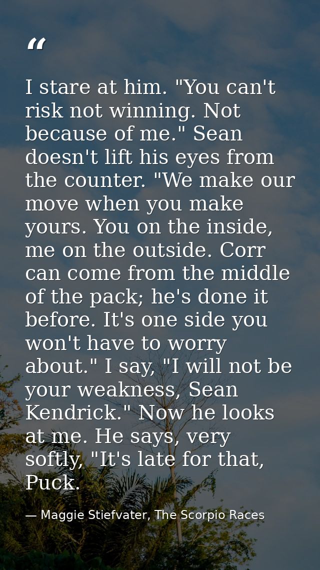 I stare at him. "You can't risk not winning. Not because of me." Sean doesn't lift his eyes from the counter. "We make o — Maggie Stiefvater, The Scorpio Races