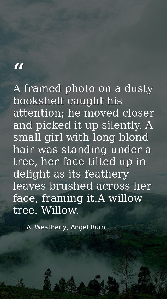 A framed photo on a dusty bookshelf caught his attention; he moved closer and picked it up silently. A small girl with l — L.A. Weatherly, Angel Burn