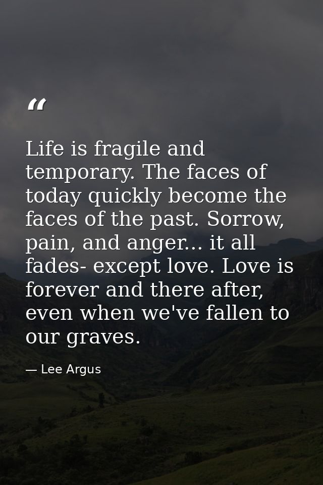 Life is fragile and temporary. The faces of today quickly become the faces of the past. Sorrow, pain, and anger... it al — Lee Argus