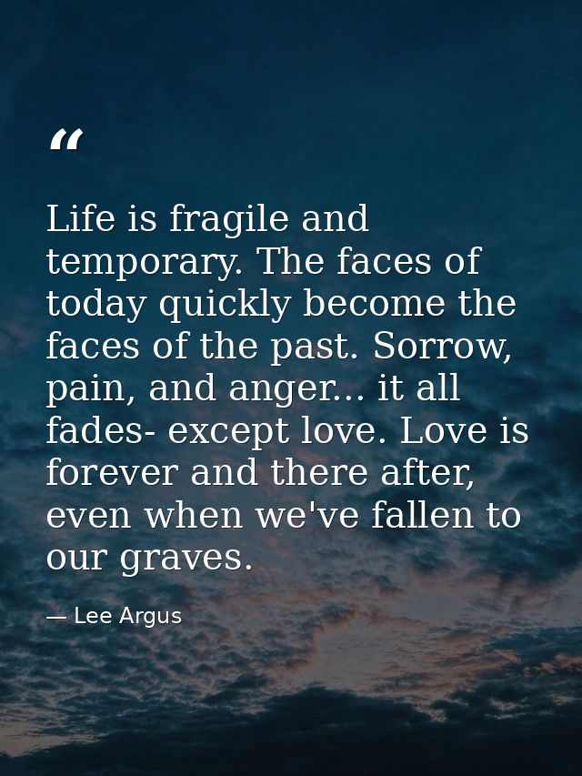 Life is fragile and temporary. The faces of today quickly become the faces of the past. Sorrow, pain, and anger... it al — Lee Argus