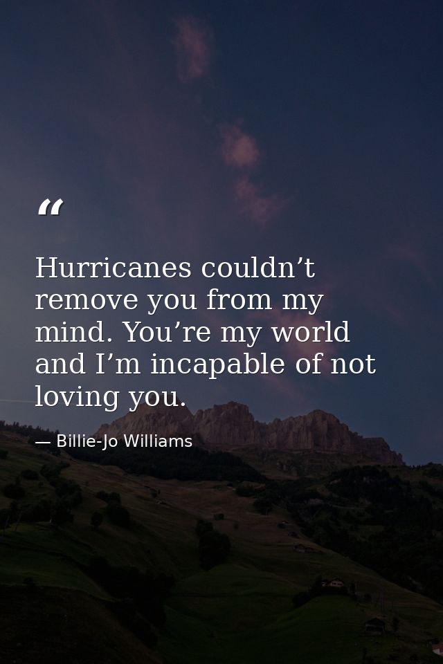 Hurricanes couldn’t remove you from my mind. You’re my world and I’m incapable of not loving you. — Billie-Jo Williams