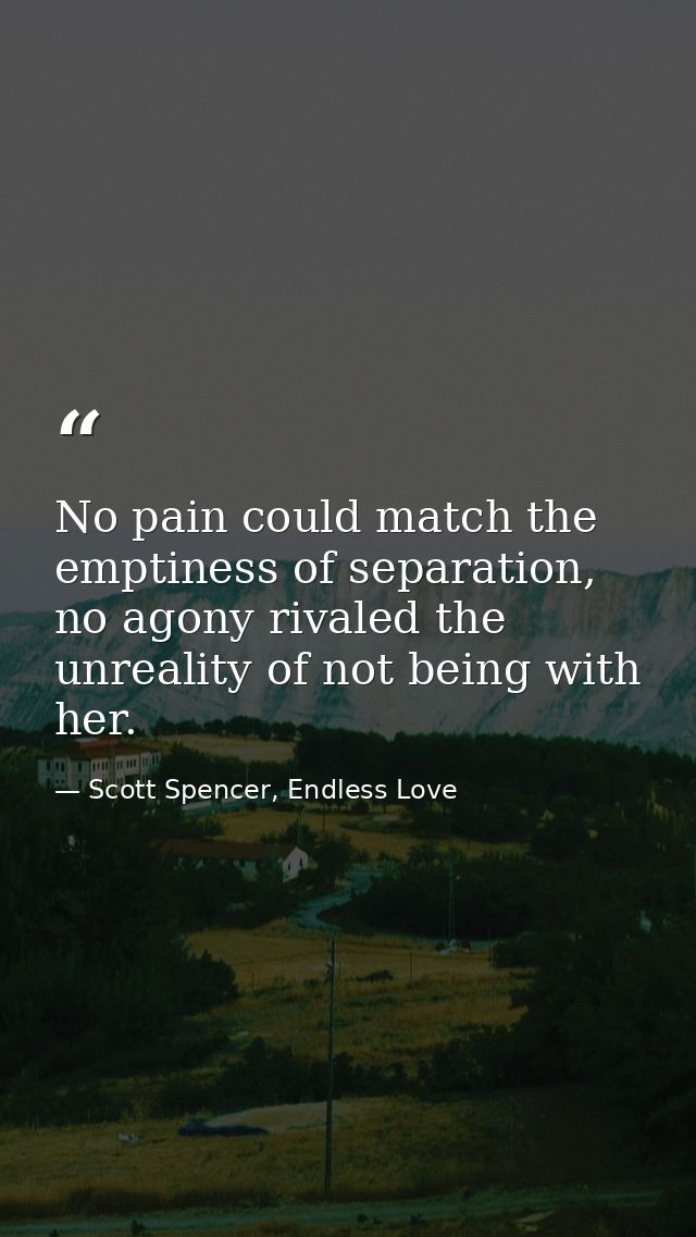 No pain could match the emptiness of separation, no agony rivaled the unreality of not being with her. — Scott Spencer, Endless Love